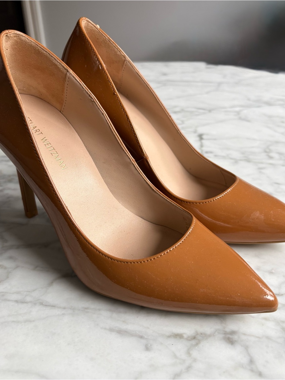 Stuart Weitzman Tan Patent Leather Pointed-Toe Pumps